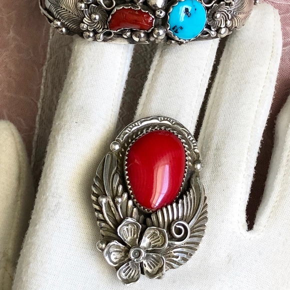 Vintage Jewelry Massive Navajo Pauline Mccray Sterling Coral Ring